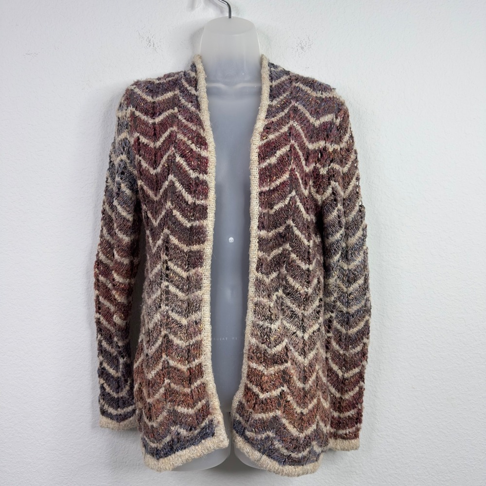 Ponsesa Sweater Womens S Wool Blend Knit Open Front Chevron Boho Hippie Cardigan